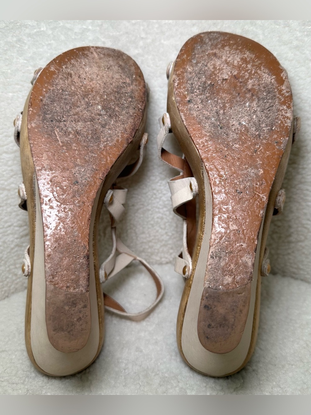 Leifsdottir Vintage Anthropologie Ivory Leather Wood Platform Wedge Strappy 9 - Picture 8 of 12